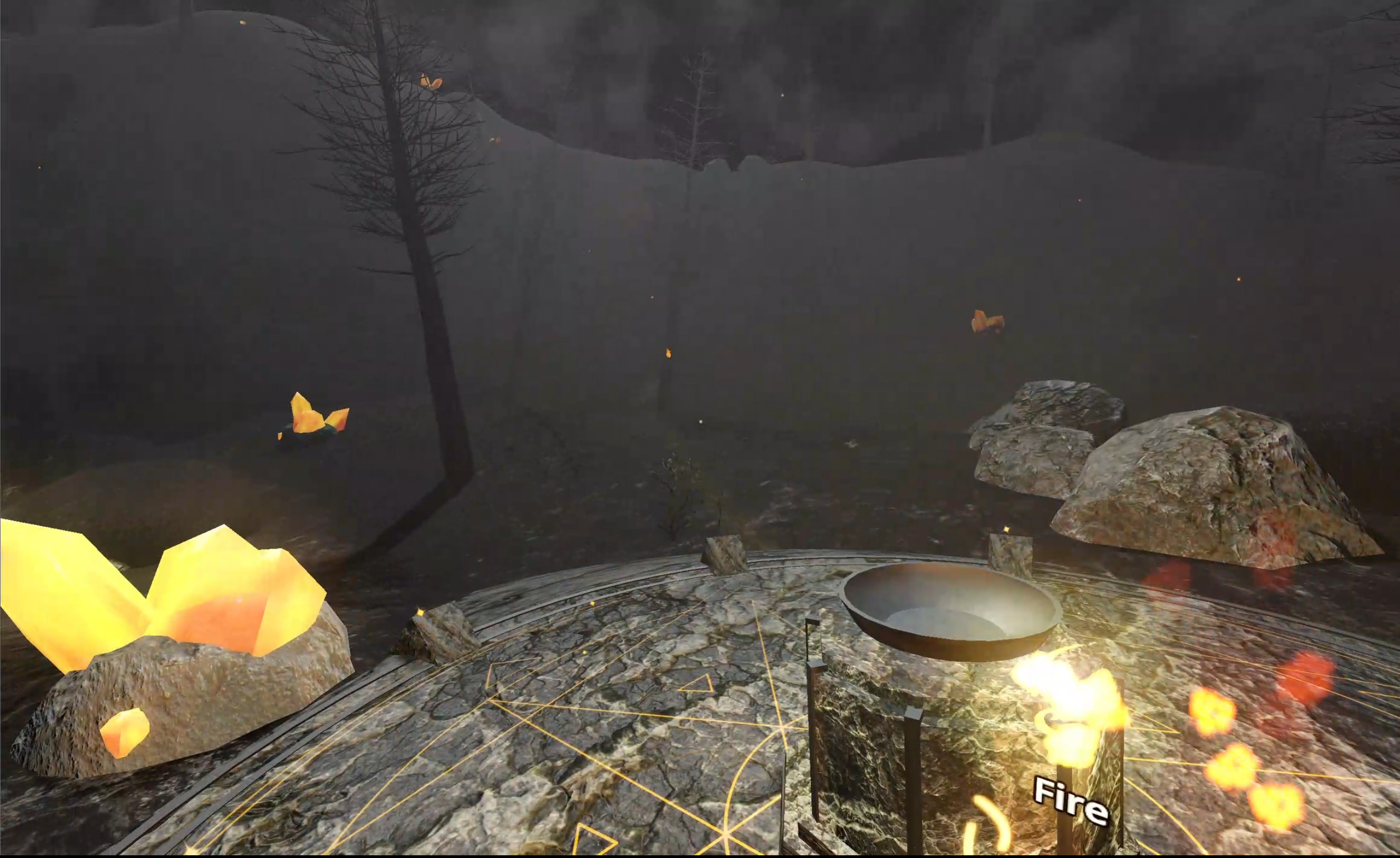 Dark ashy biome with basalt rocks, crystals, smoke, and ore